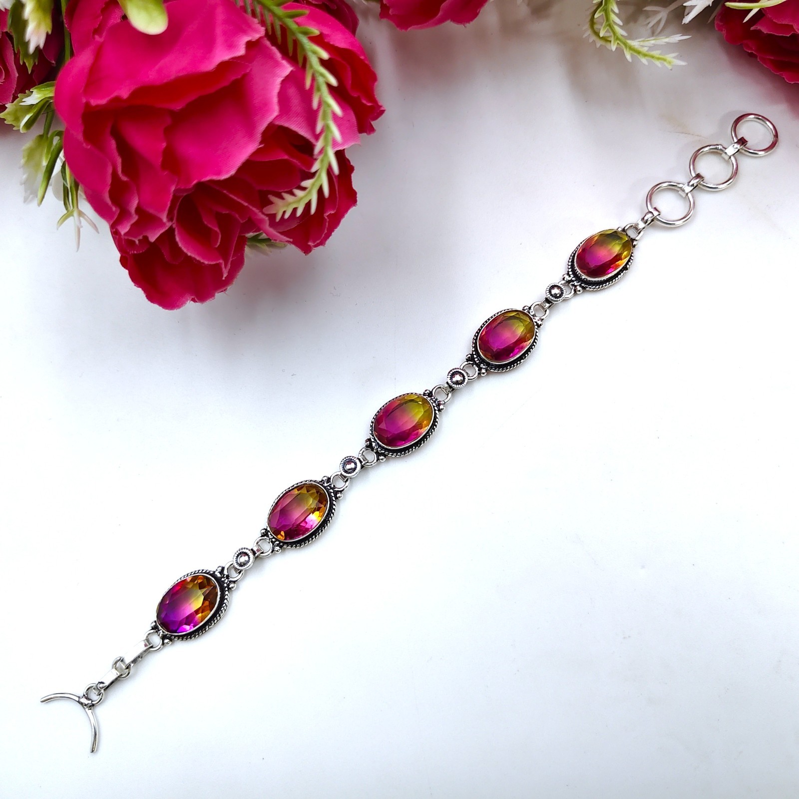 Multi Color Tourmaline Gemstone 925 Sterling Silver Jewelry Bracelet Size 7-8″