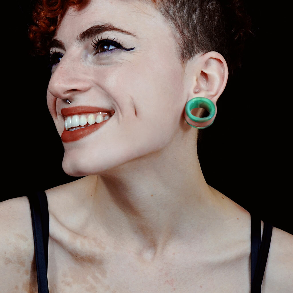 PAIR Green Opalite Glass Tunnels Double Flare Saddle Plugs Gauges Body Jewelry