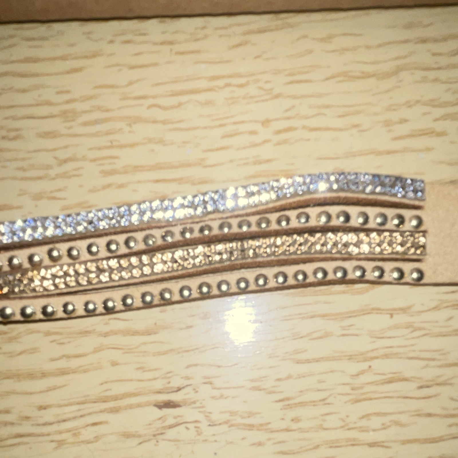 Beige Faux Leather Wrap Beaded Bracelet Snap Closure Clear Crystal Rhinestones
