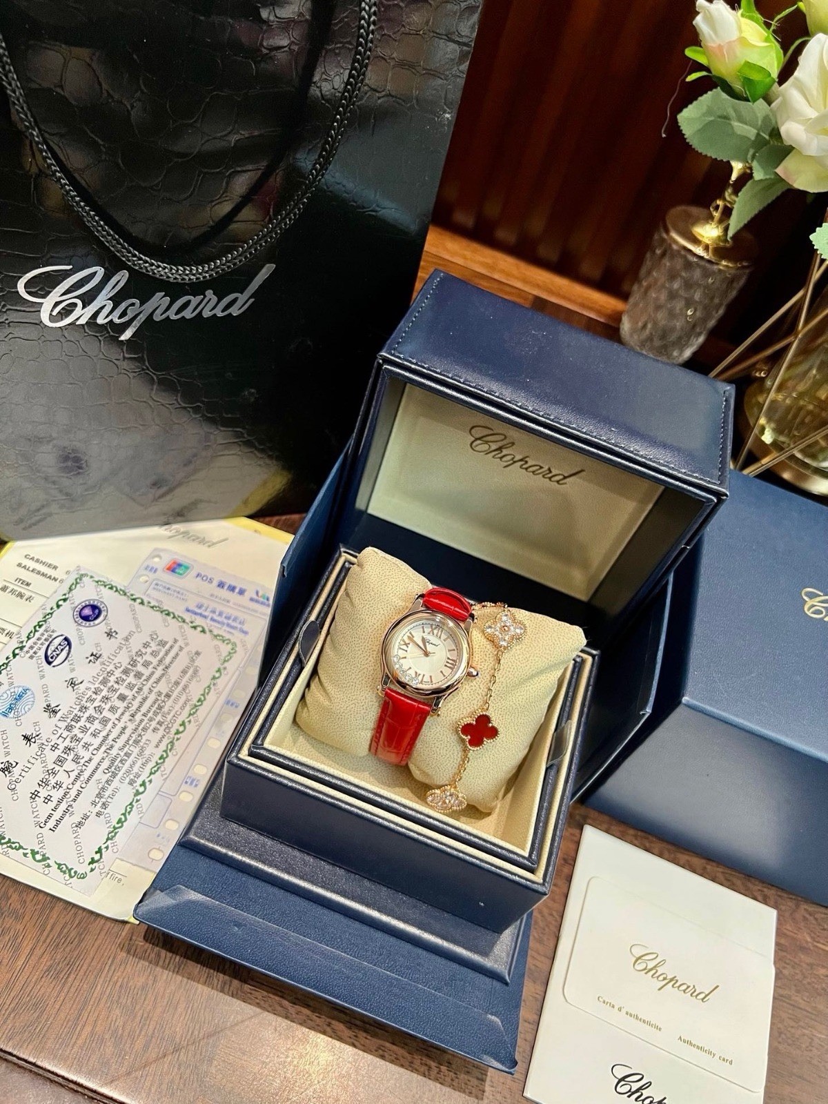 Chopard Happy Sport Quartz 36mm Silver Dial Red Leather Strap Box Papers
