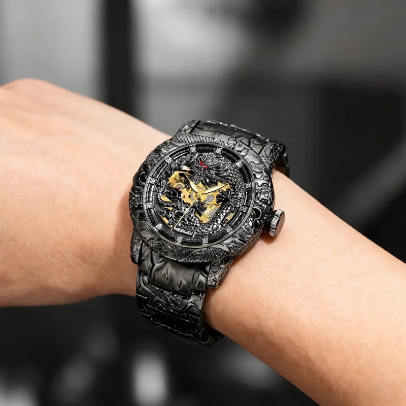 Men’s Black and Gold Dragon Automatic Mechanical Watch