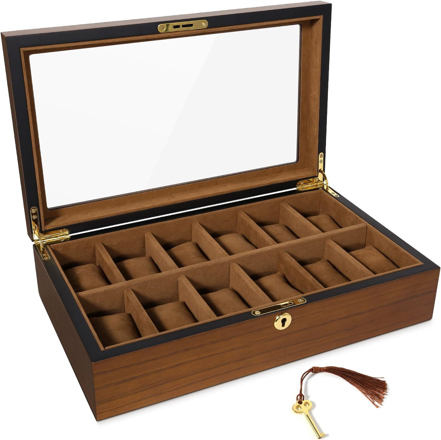 12 Slot Unisex Watch Box Jewelry Storage Wooden Display Case Organizer Glass