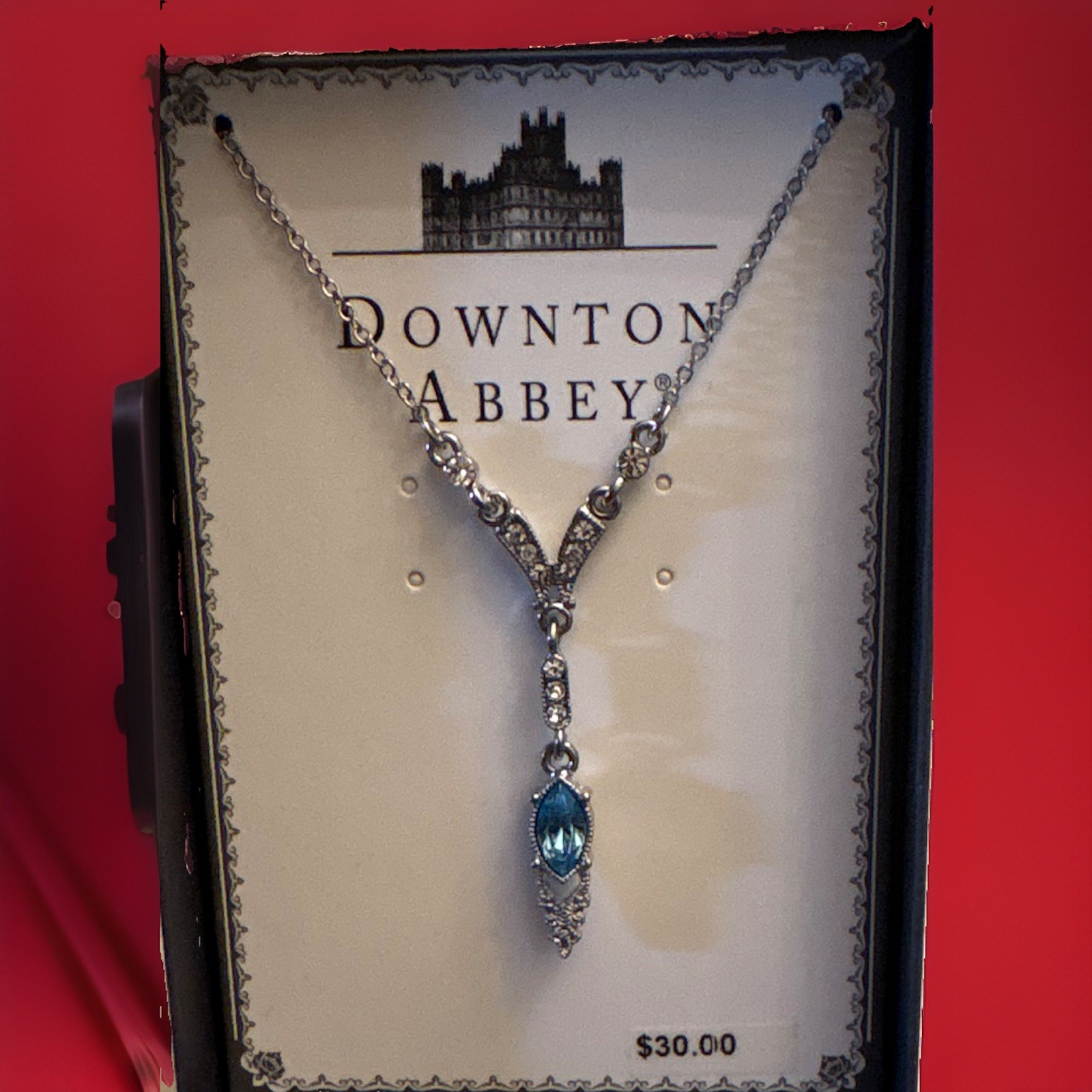 Downton Abbey Silver Tone Necklace Blue Marquise Drop Asymmetrical Pendant