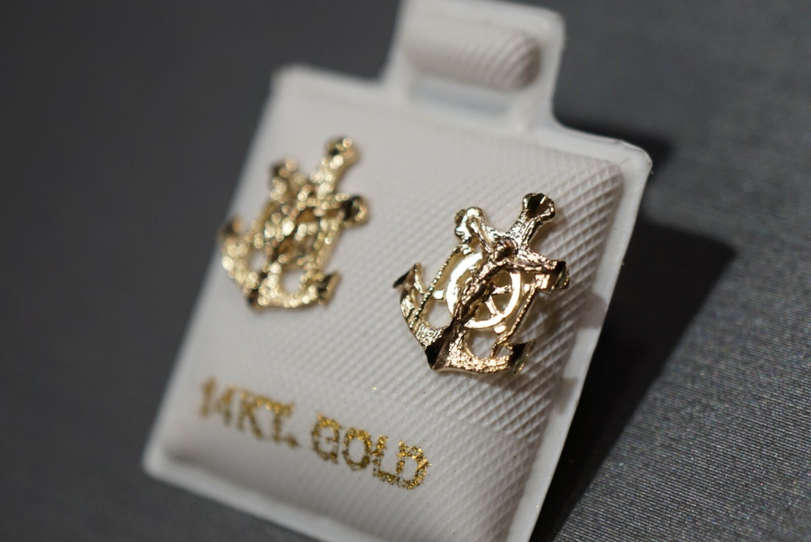 14K Solid Yellow Gold Diamond-Cut Jesus Anchor Stud Earrings.