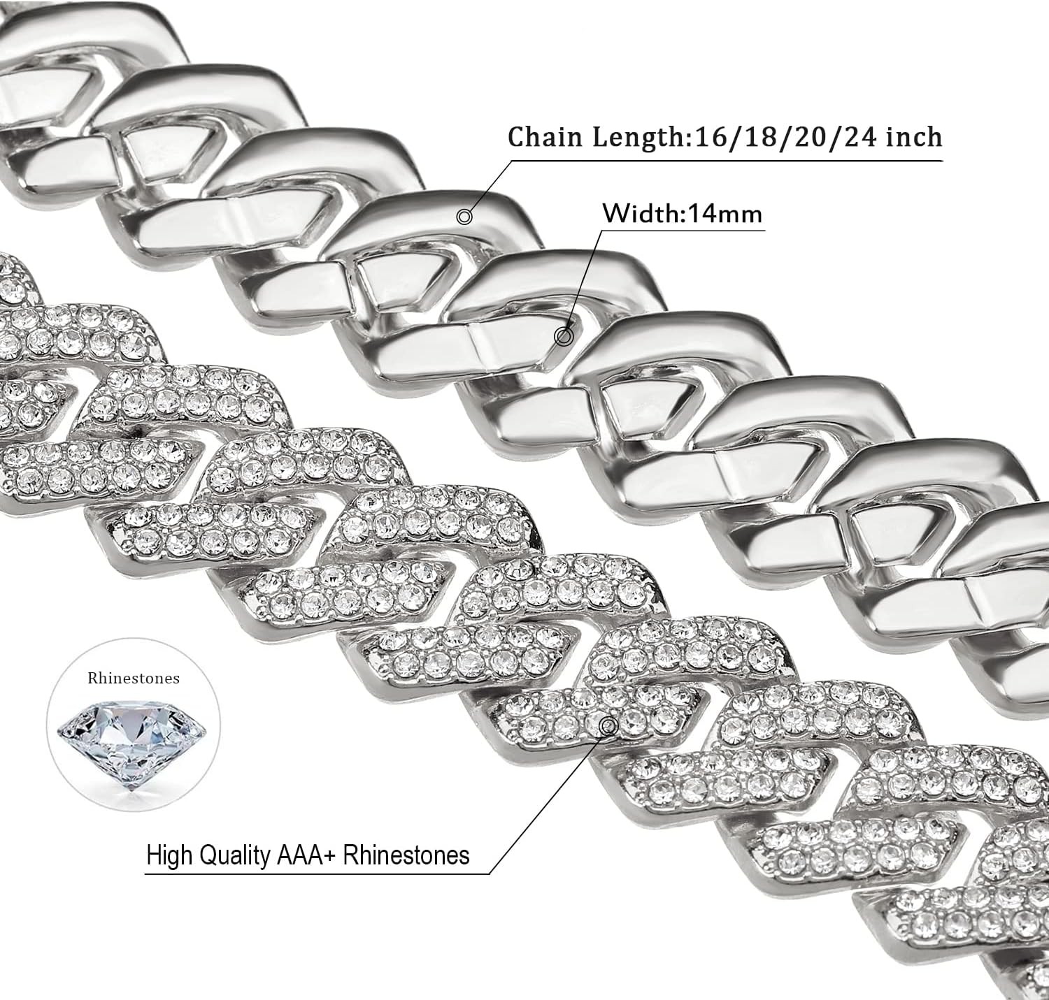 JUNVirtuous Cuban Link Chain Mens Iced Out Miami 18 inch Silver Necklace