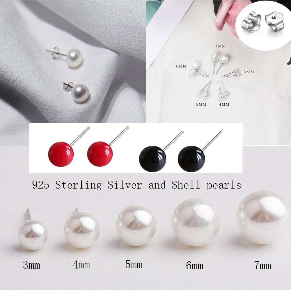 Sterling Silver 4/5/6/8/10mm Natural Sea Shell Pearl Stud Post Earrings Gift Box
