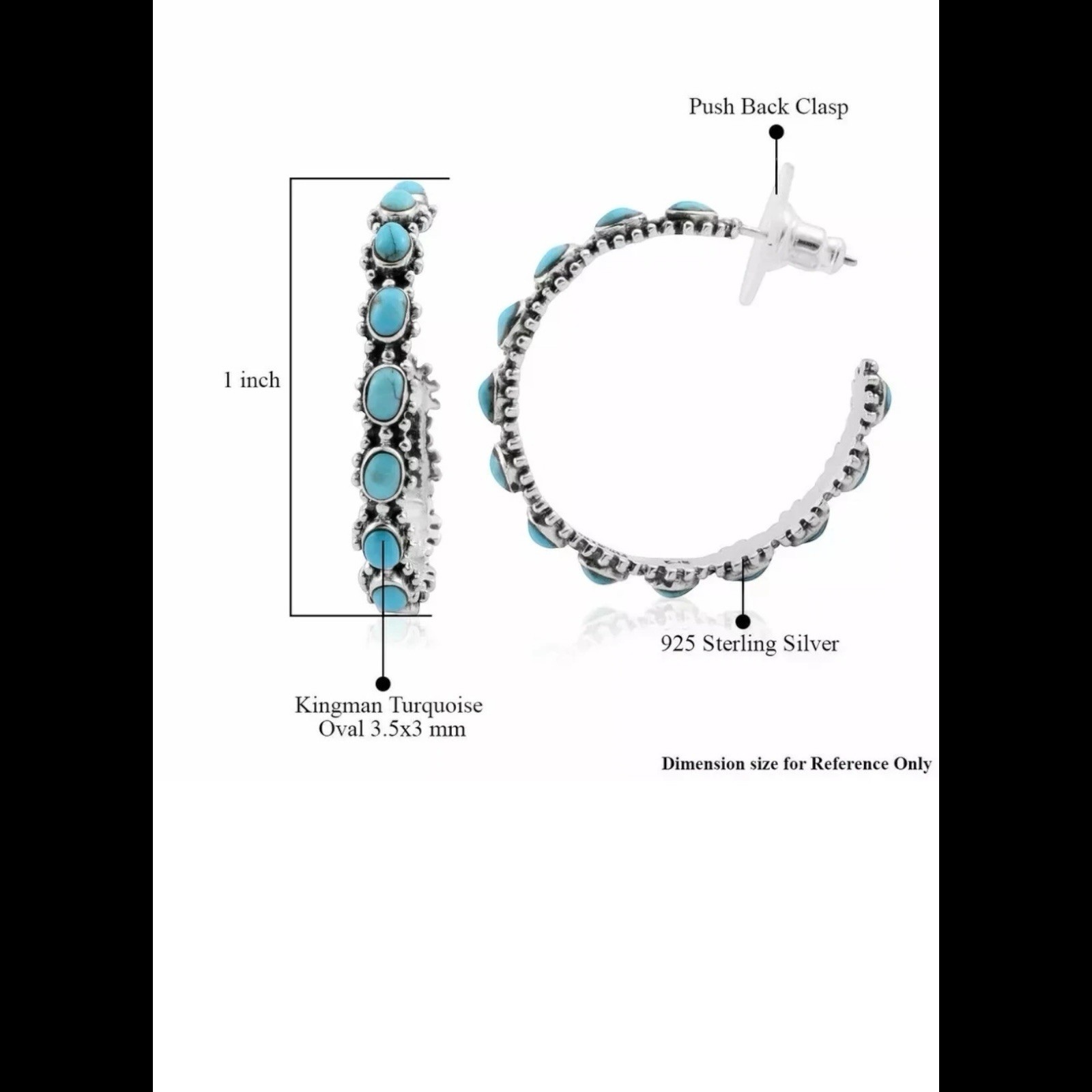 Silver Turquoise Loop Hoop Earrings Bohemian Western Costume Jewelry 2″ A16