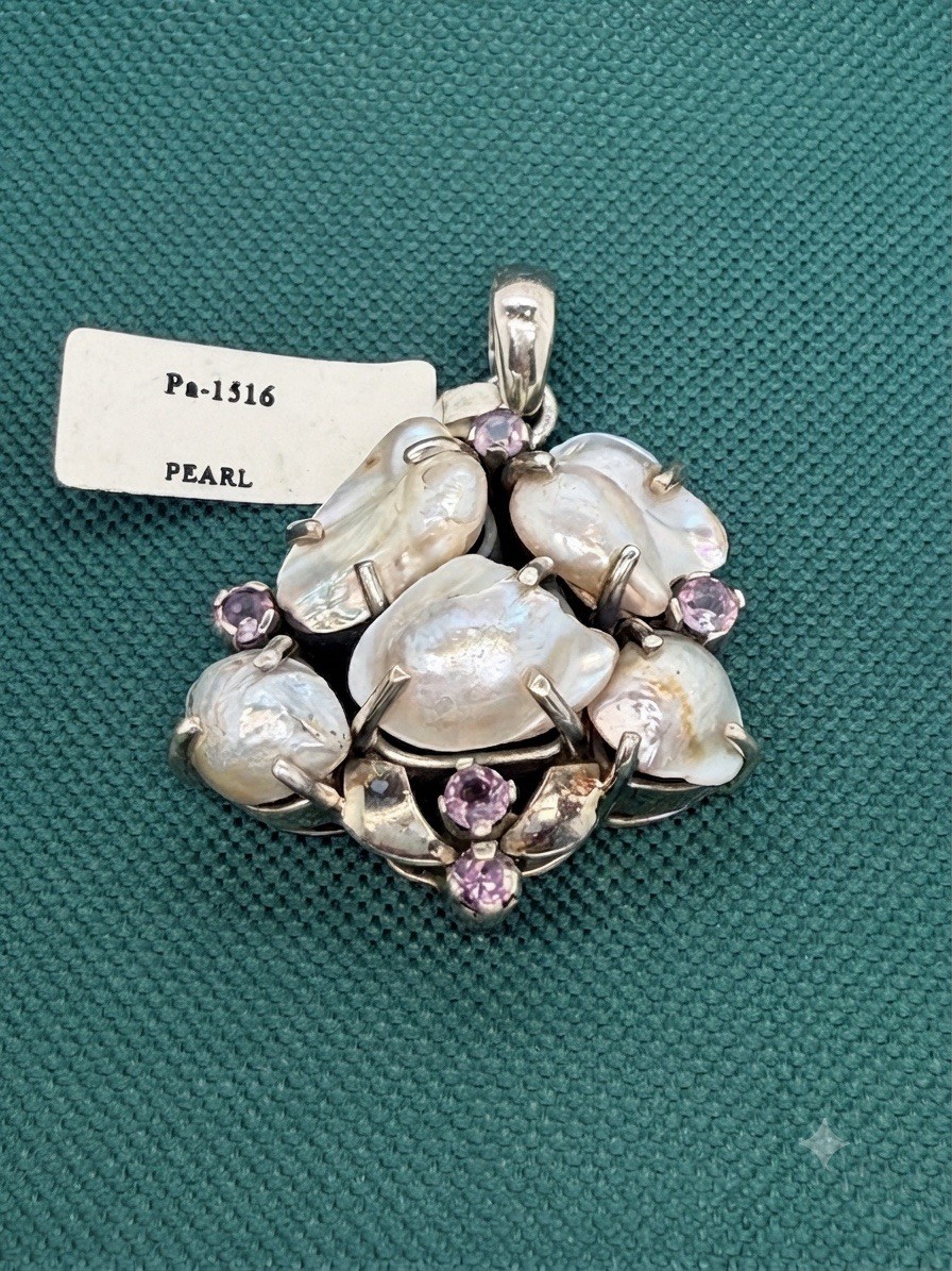 Sterling Silver Baroque White Pearl Pendant Amethyst Cluster Asymmetrical