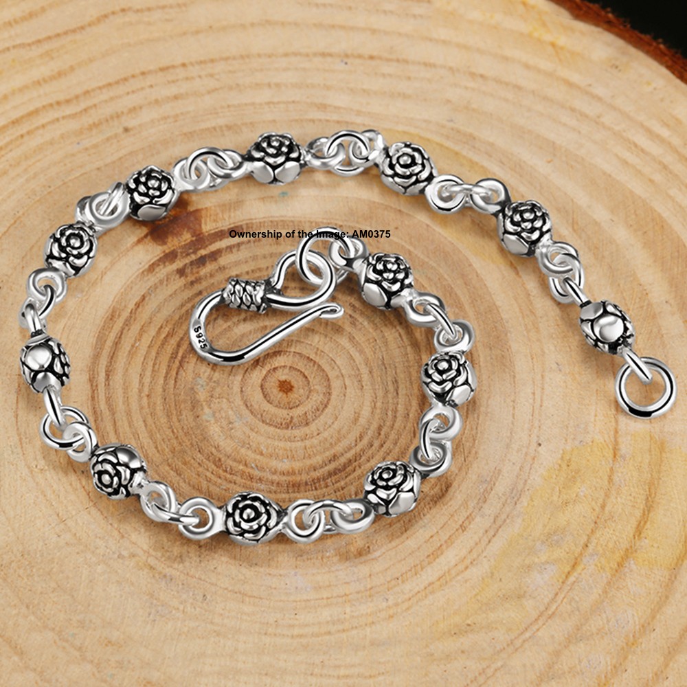 Gift-Ready Pure 925 Sterling Silver ROLO Chain Bracelet with Rose Pattern Beads