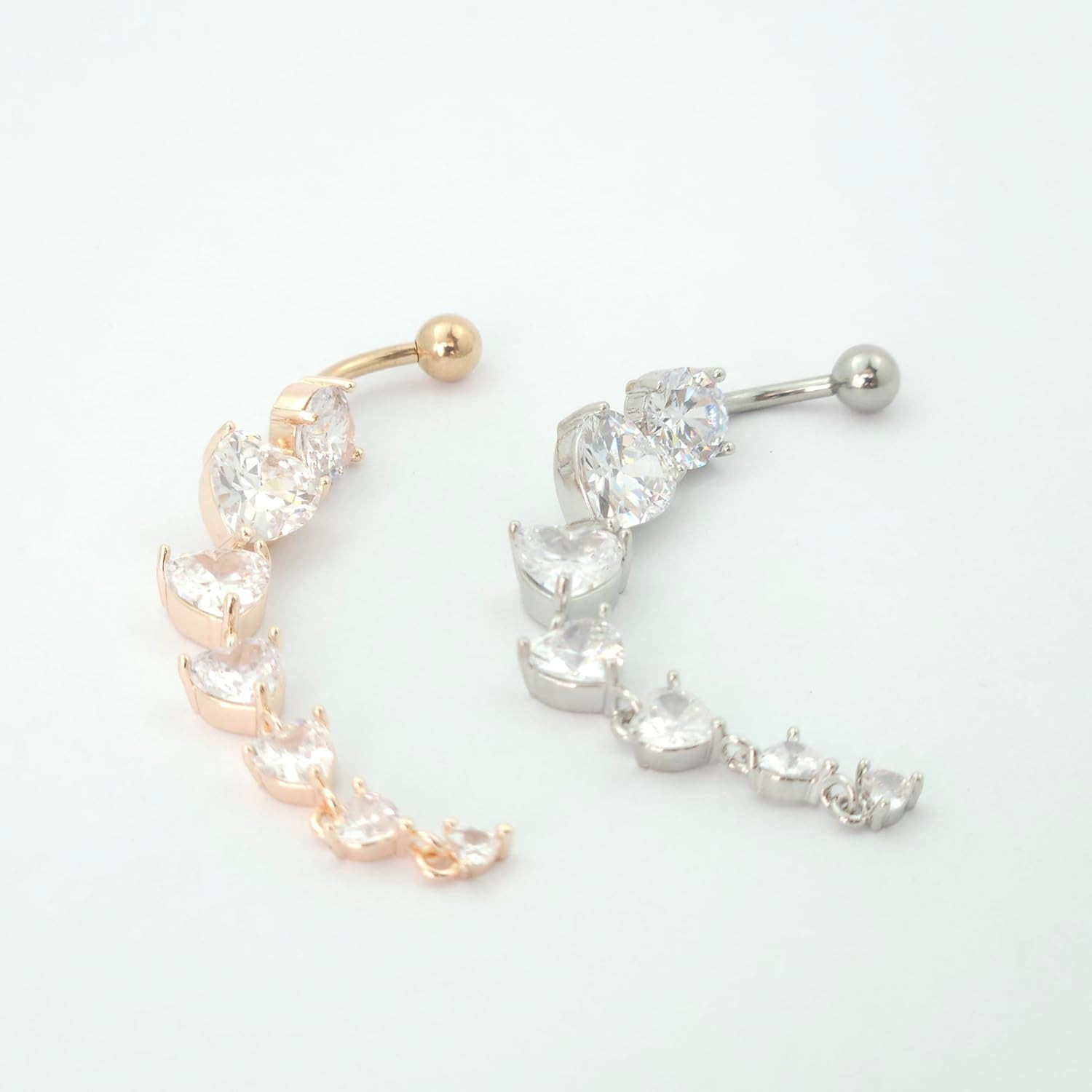 14G Long CZ Heart Dangle Belly Button Rings Sparkling Cubic Zirconia Crystal Dan