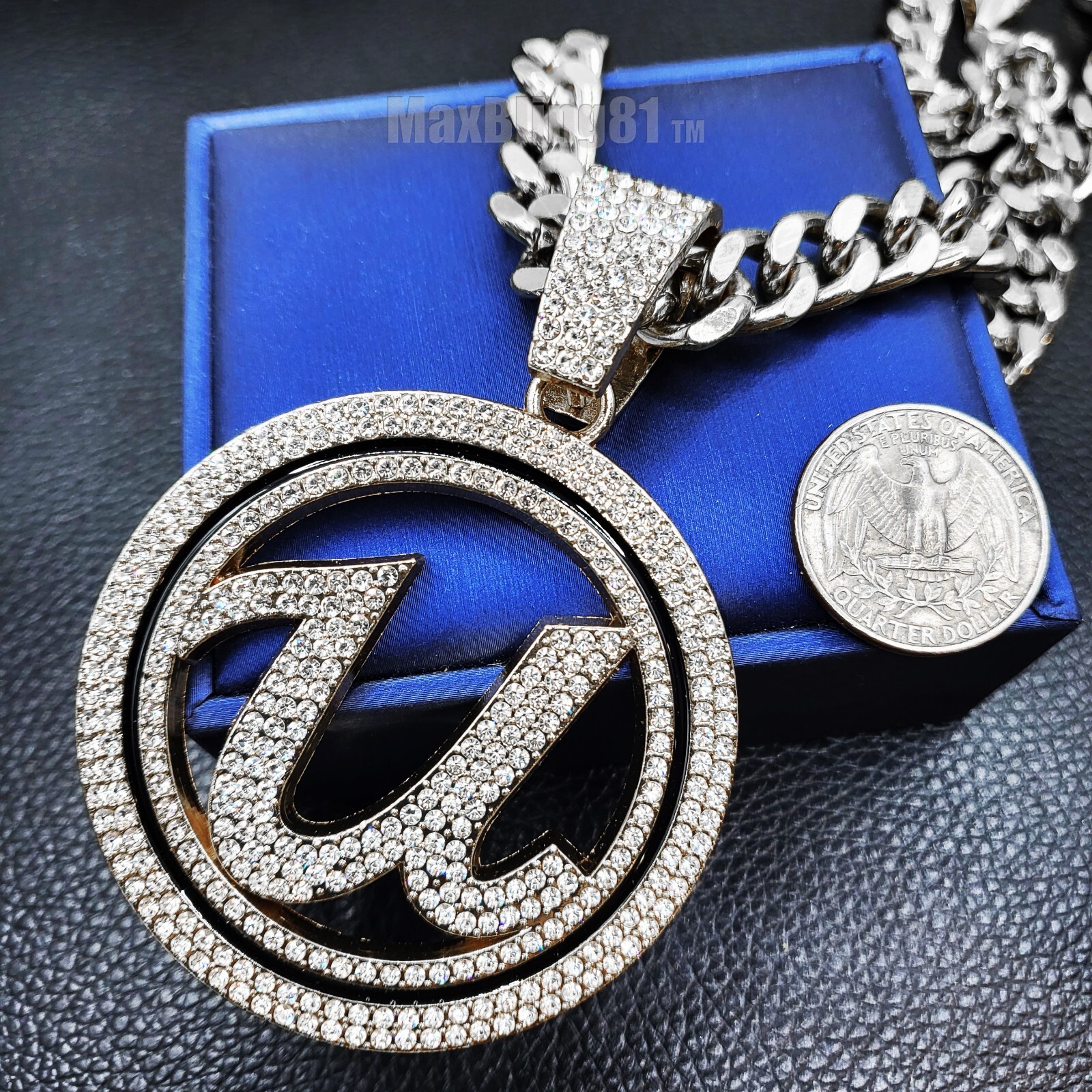 Hip Hop USHER U Cubic Zirconia Medal Pendant & 10mm Cuban Chain Chain Necklace
