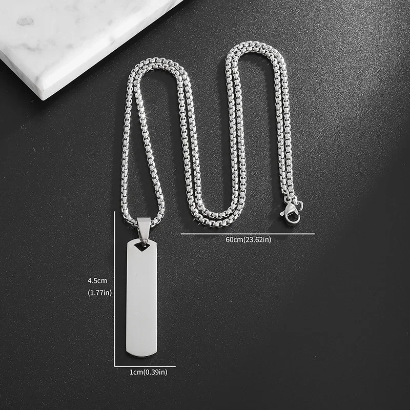 Stainless Steel Glossy Engravable Rectangular Pendant Necklace for Men Fashion S