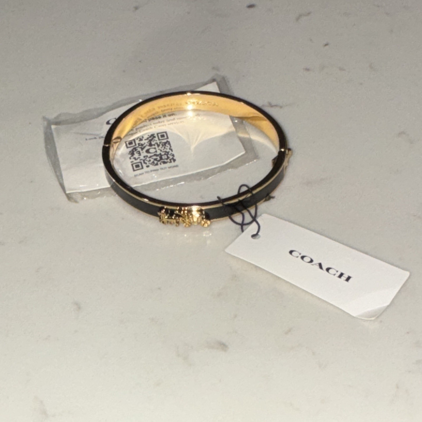 COACH Black Enamel Gold Tone Bangle Cuff Bracelet w/ Horse & Carriage Charm