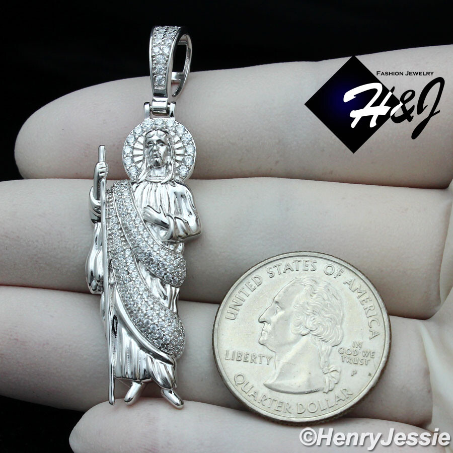 MEN WOMEN SOLID 925 STERLING SILVER ICY BLING CZ SAN JUDAS ST.JUDE PENDANT*SP329