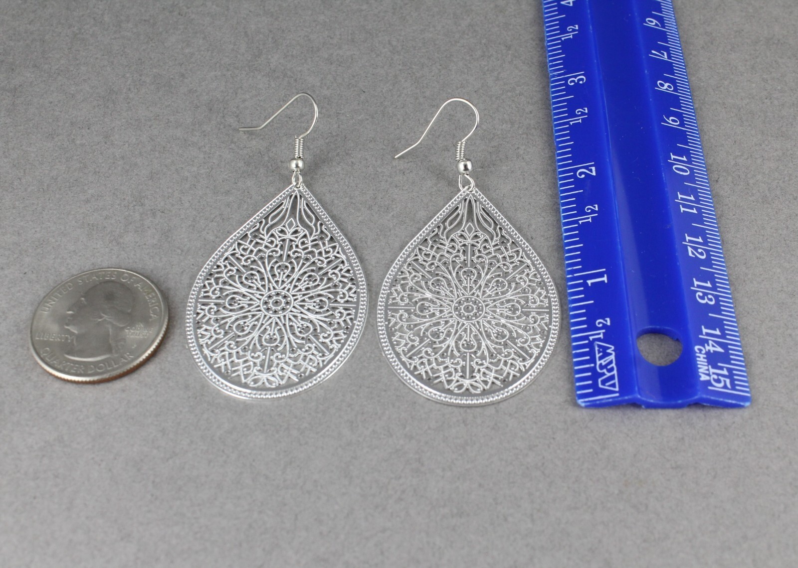 Silver earrings teardrop dangle shiny VERY lightweight filigree 2.5″ long
