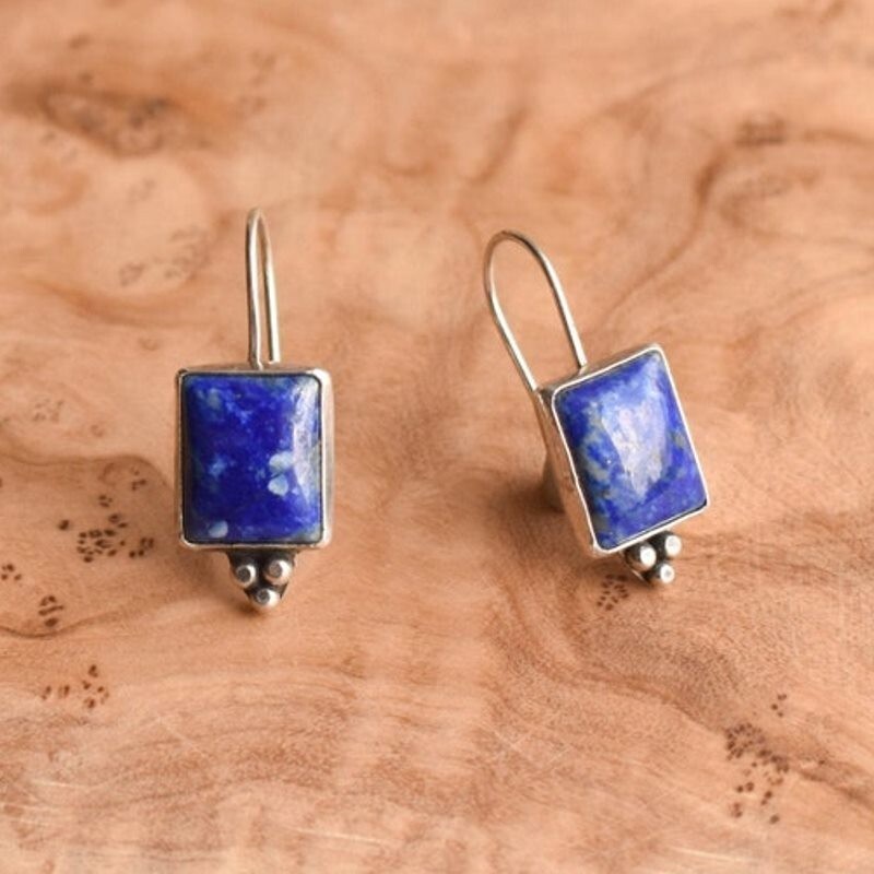 925 Sterling Silver Handmade Lapis Lazuli Dangle Genuine Women Earrings