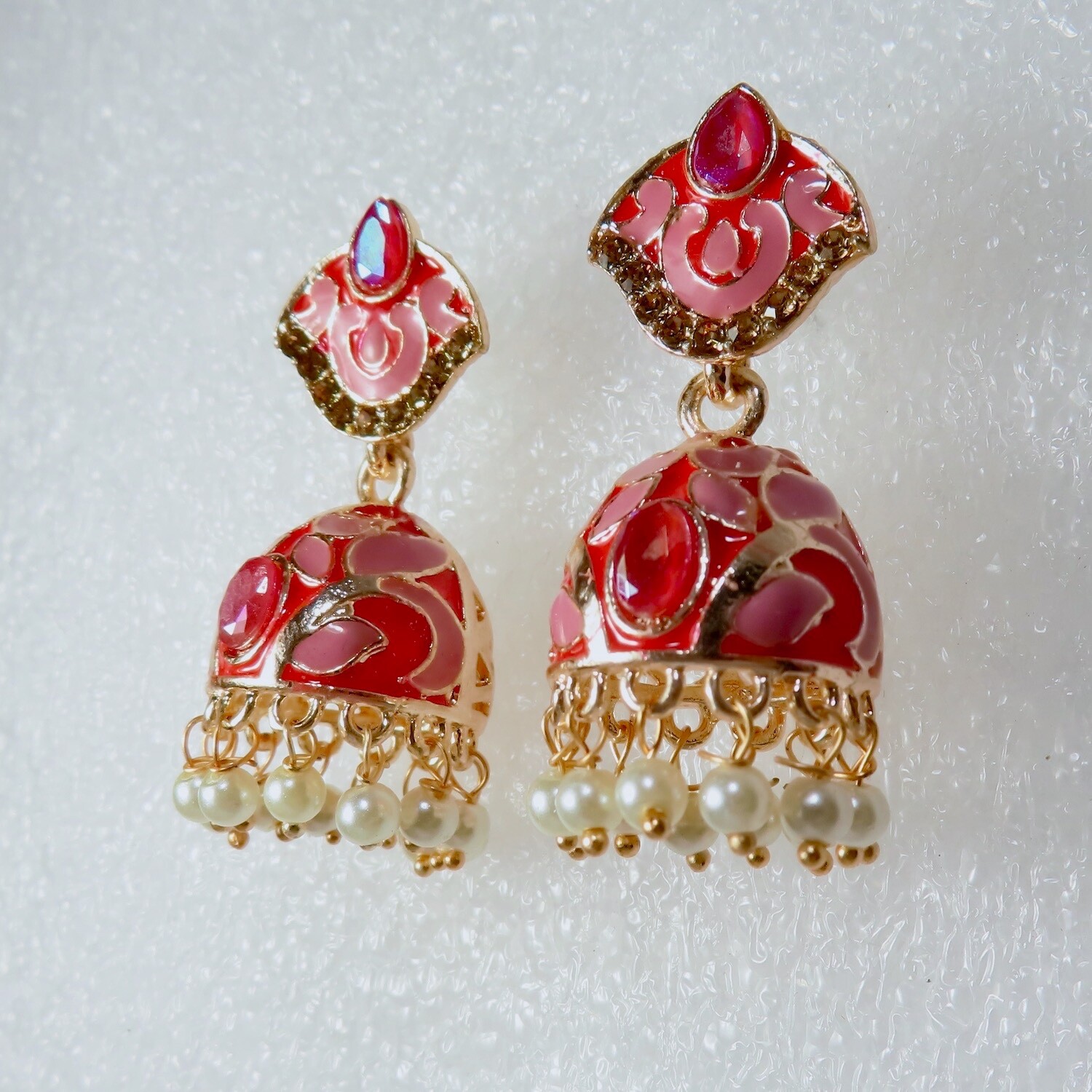 Indian Ethnic Jewelry Jhumki Earrings Pink Enamel Gold Plated Bollywood Wedding
