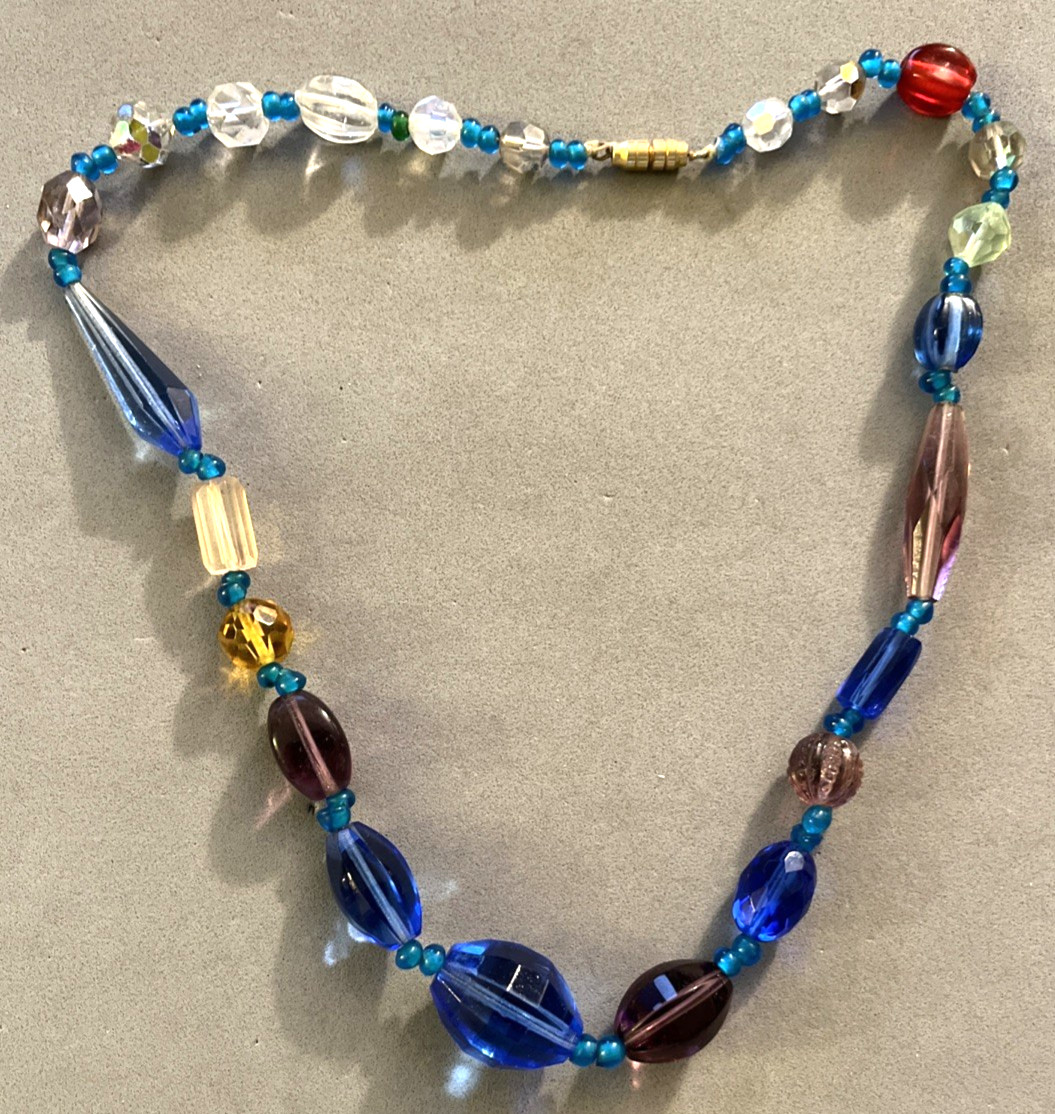 Vintage Assorted Shapes and Size Glass Beads AB Czech Colorful Necklace 18.75″