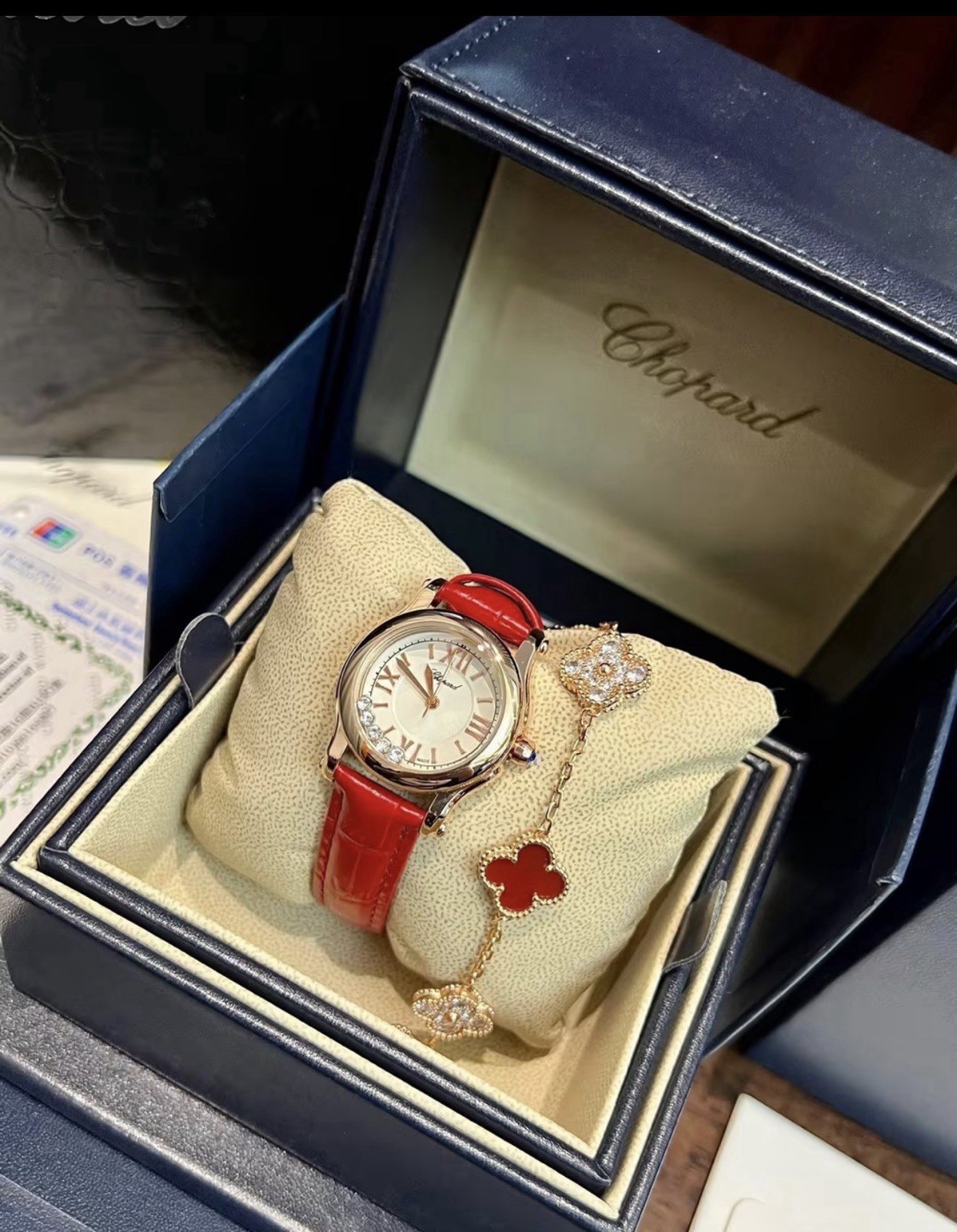 Chopard Happy Sport Quartz 36mm Silver Dial Red Leather Strap Box Papers