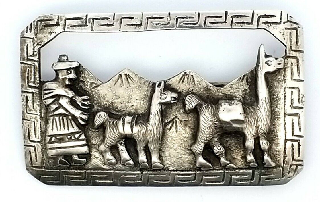 Vintage Alpaca Llama Peru Scenery Brooch/Pin Marked 900 Silver 28.5 Grams