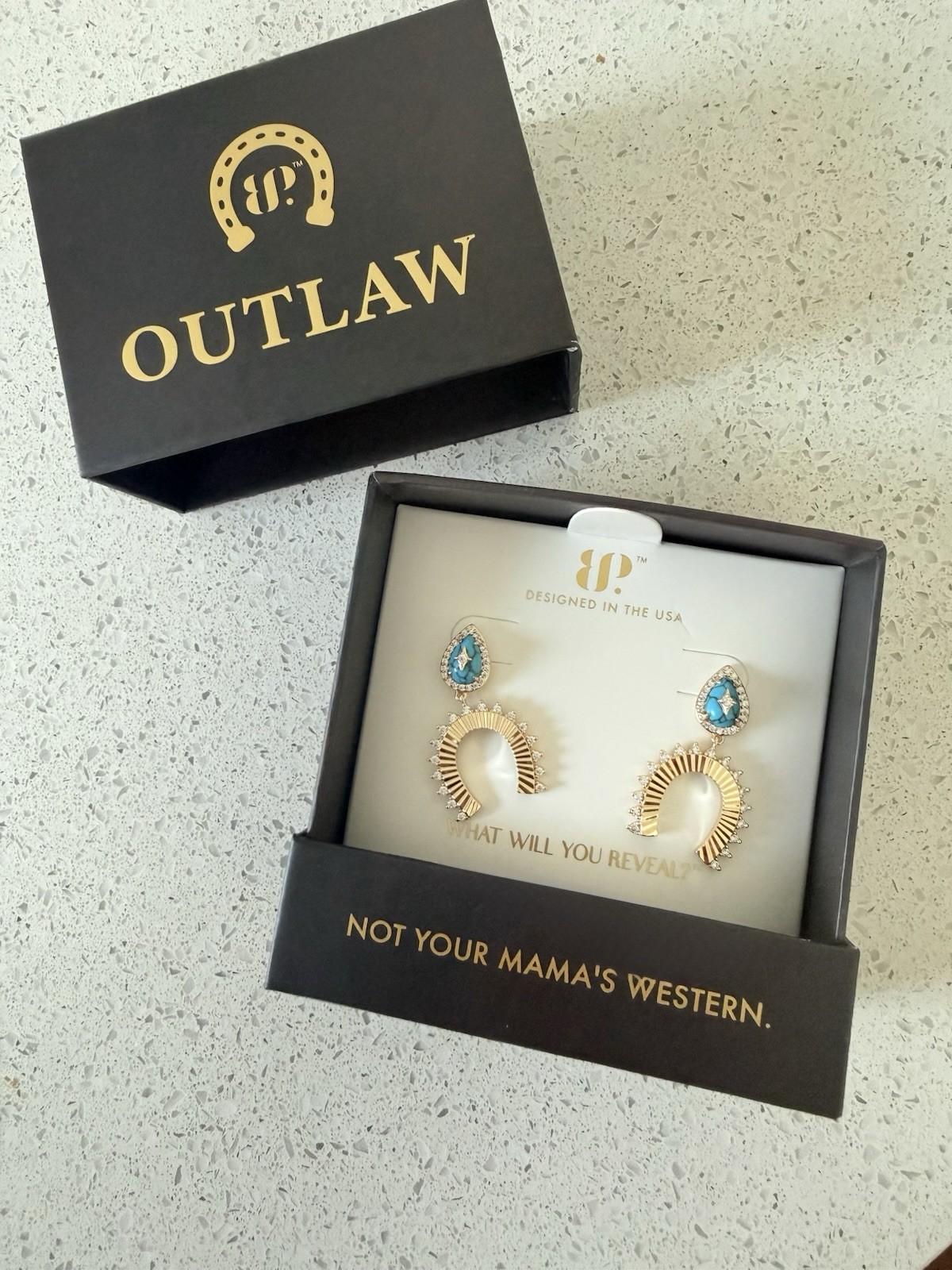 Outlaw Western Horseshoe Dangle Earrings Turquoise Teardrop Crystal Hook