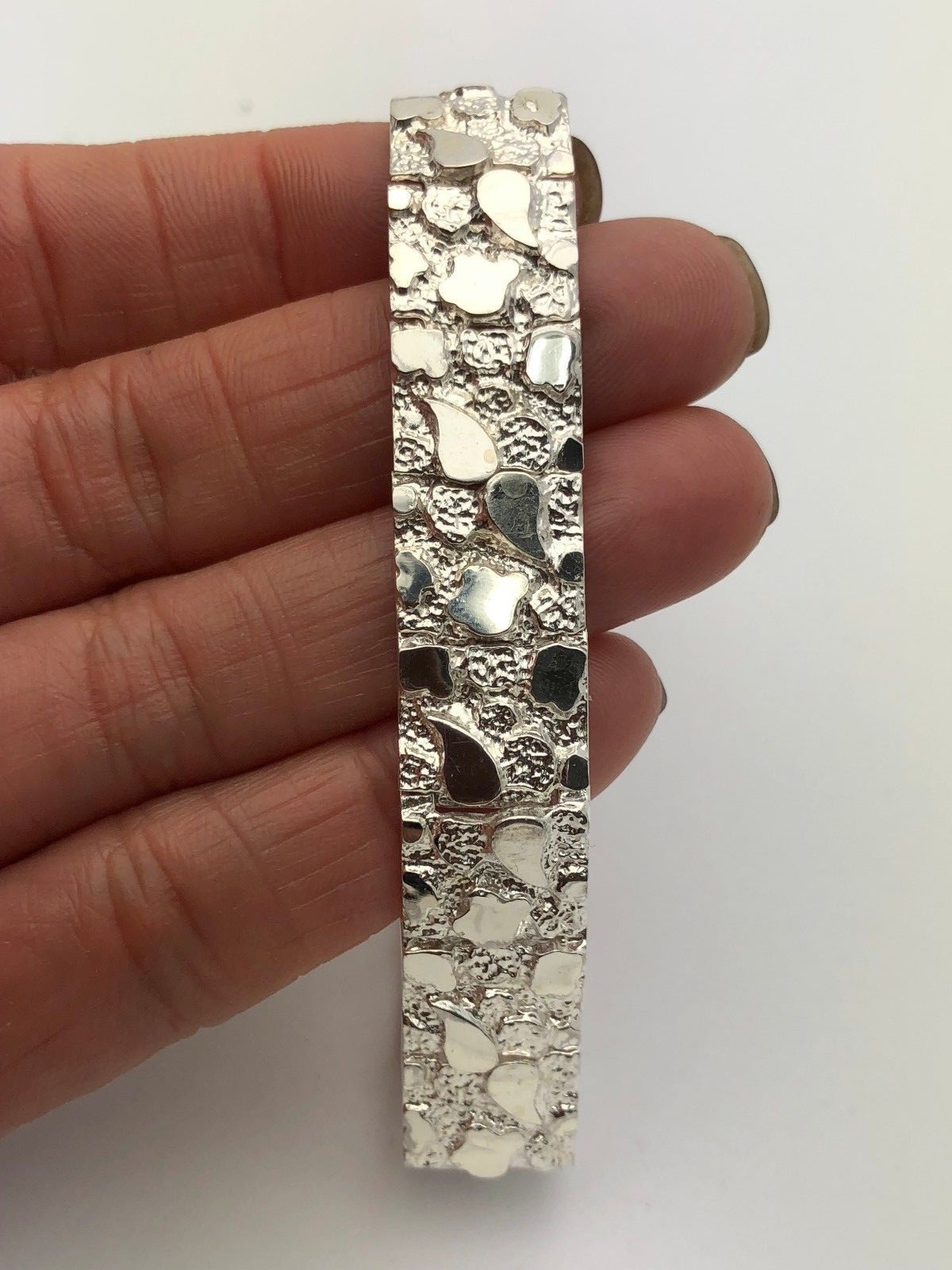 925 Sterling Silver Solid Nugget Bracelet Adjustable 8″ 12.5mm 28.5 grams