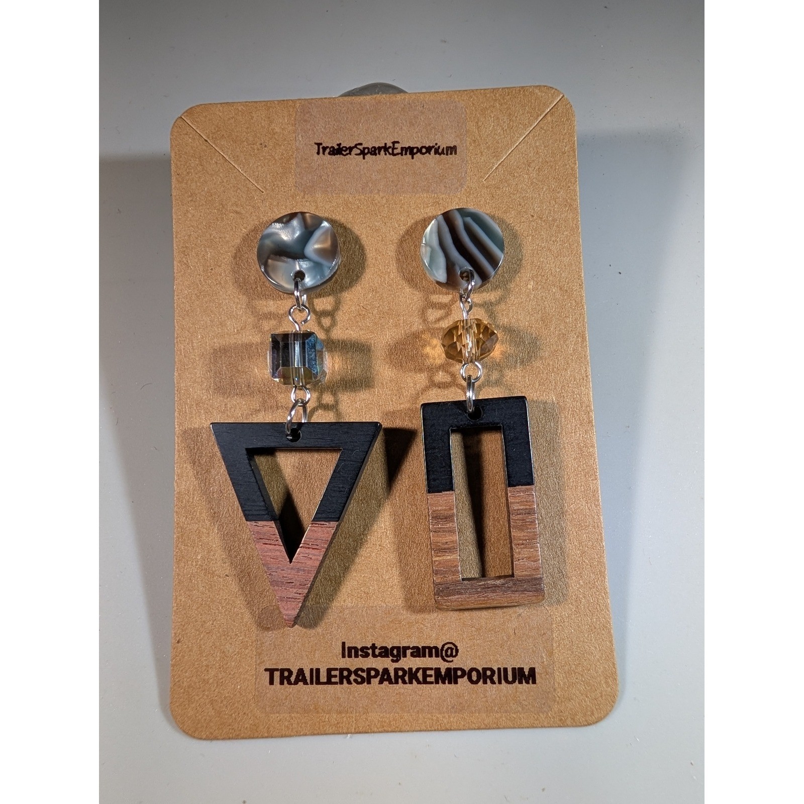 TrailerSparkEmporium Geometric Wood Resin Asymmetrical Drop Earrings Nickel Free