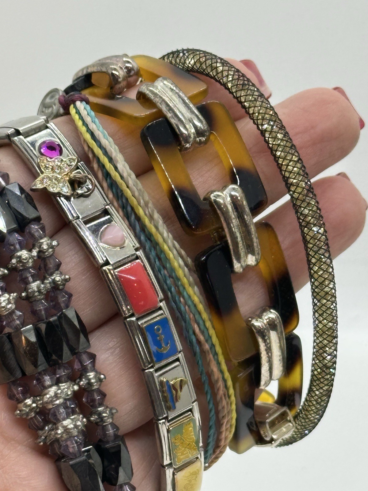 Mixed Bracelet Lot 5 Pc Acrylic Link Italian Charm Mesh Crystal Beaded Boho