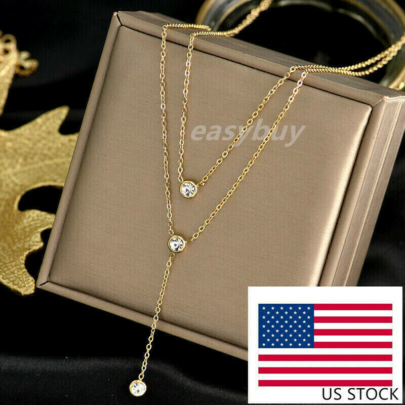 Woman Fashion 18K Gold Plated Stainless Steel Double Layers CZ Necklace Chain