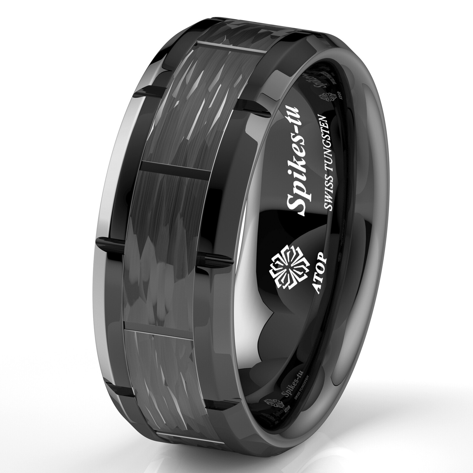 8mm Black Tungsten Ring Hammered Pattern Brushed Wedding Band ATOP Men Jewelry