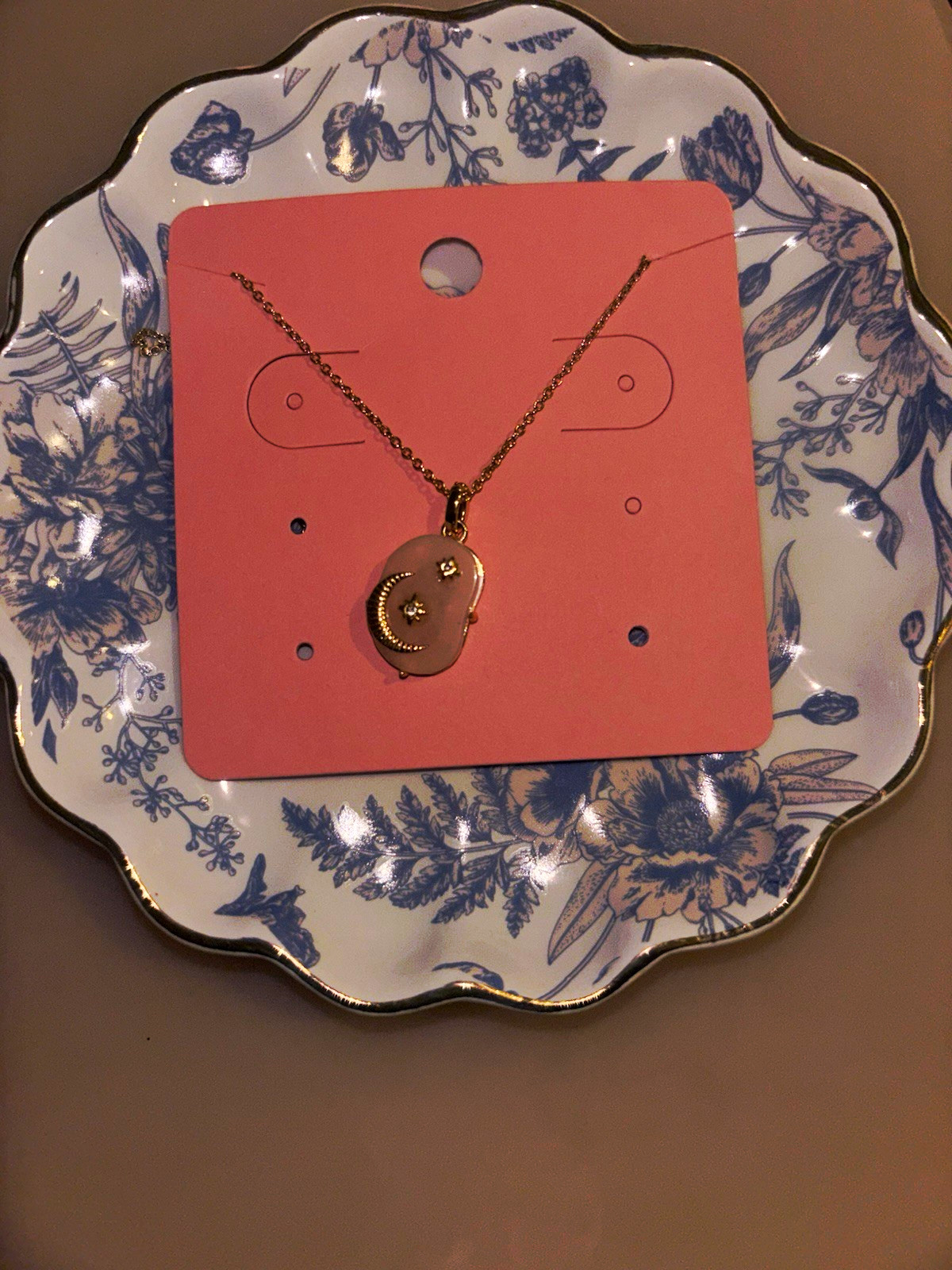 Gold Tone Metal Cable Chain Necklace Asymmetrical Crescent Moon Charm Pendant