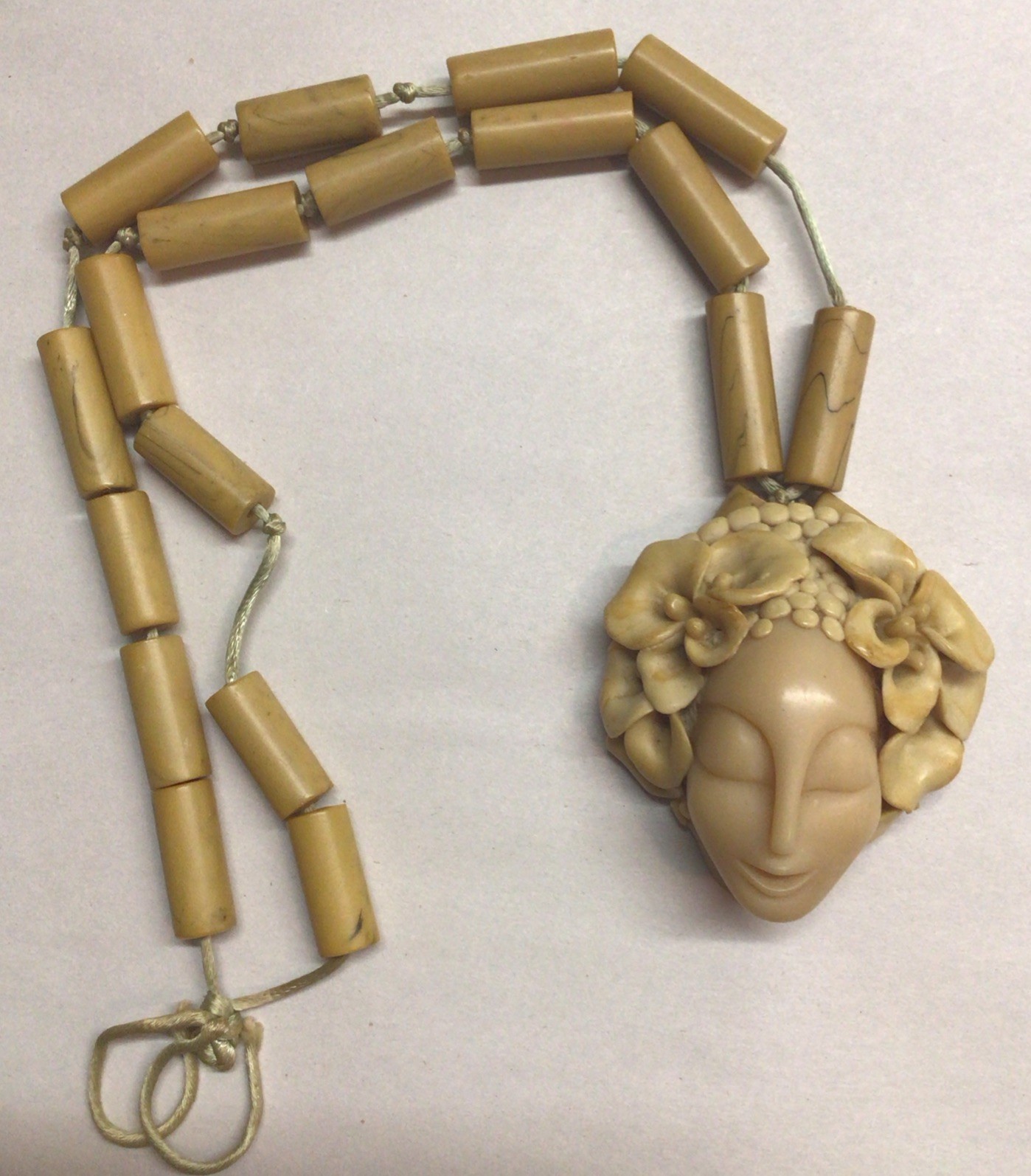 June Metaxides Art Nouveau Necklace Resin Figural Beauty Female Pendant Signed