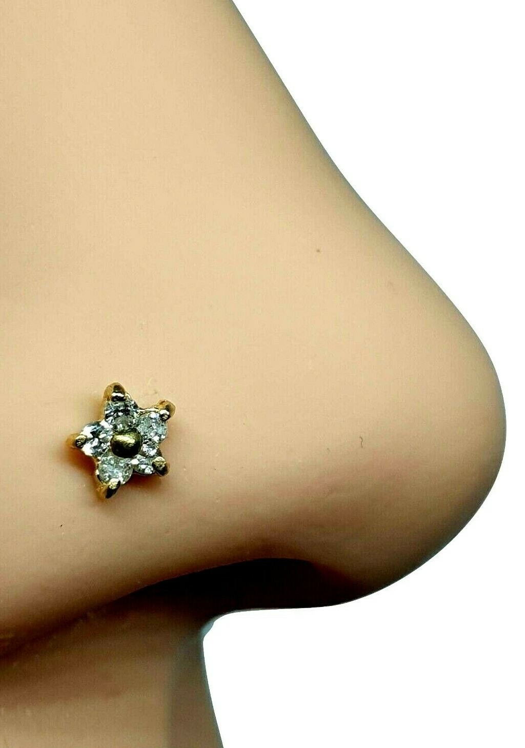 Gold Nose Stud Diamond Cluster Flower 14k Gold Genuine 20g (0.8mm) Curl Screw