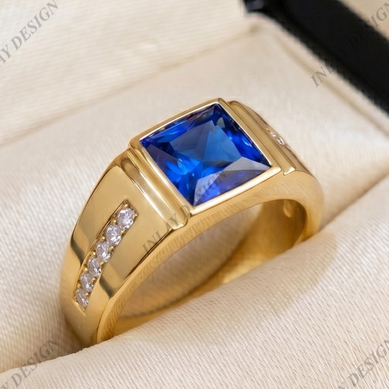 Men’s Blue Sapphire Solitaire Engagement Ring 14K Yellow Gold Plated Ring
