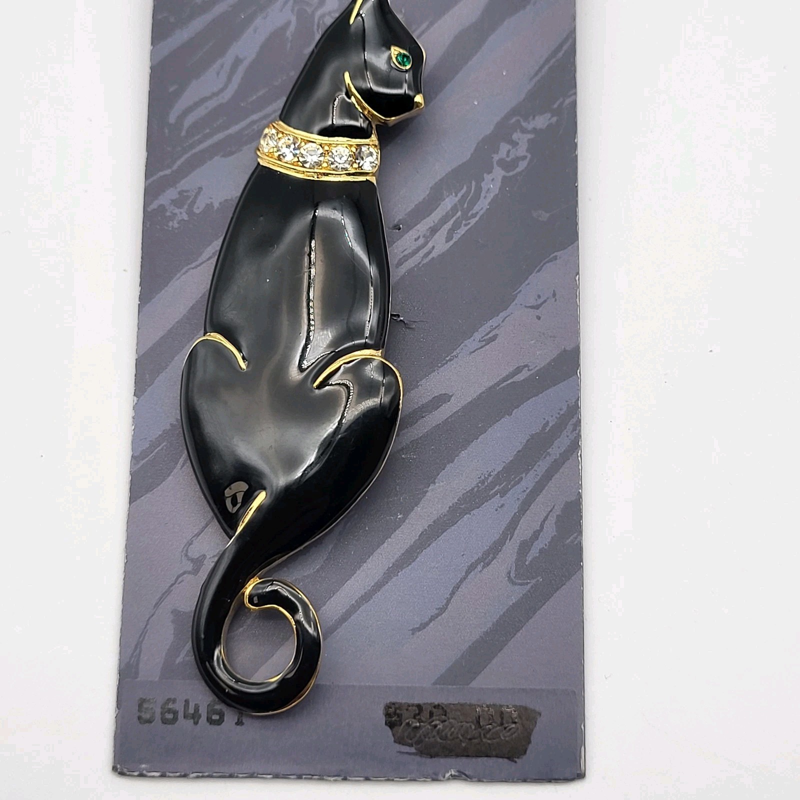 Beautiful Trifari Black Cat Glossy Enamel Rhinestone Figural Brooch On Card