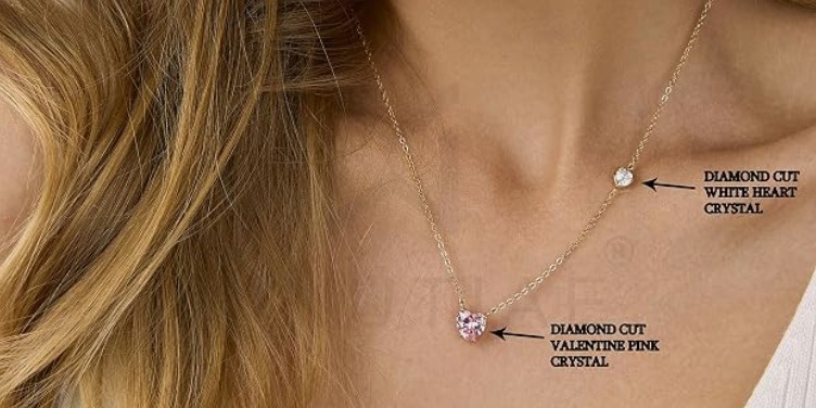 Love Heart Shape With Pink & White Diam Pendant Necklace extendable chain