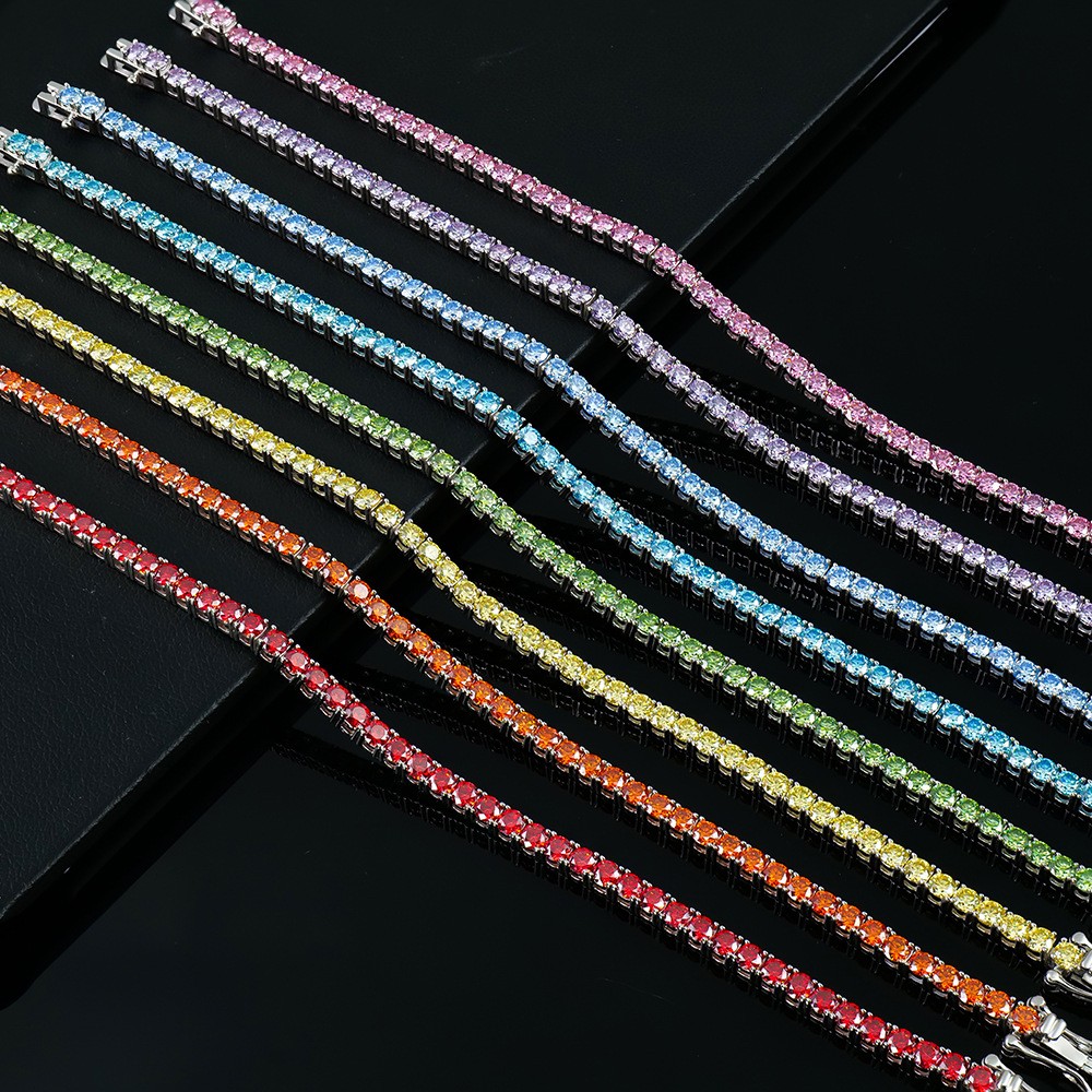 2mm Round Colourful Moissanite Tennis Chain 925 Sterling Silver Bracelet Women
