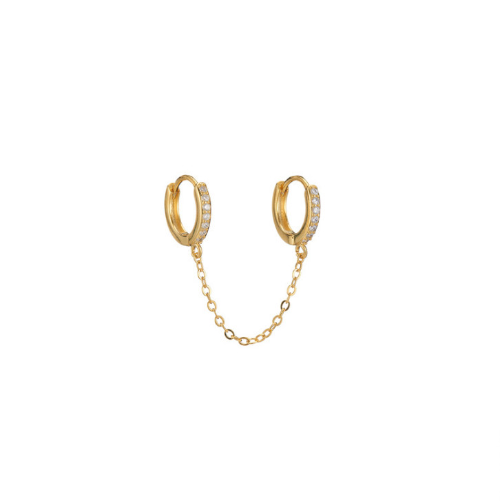 Sterling Silver CZ Double Huggie Hoop Chain Linked Earrings for 2 Ear Holes PE60