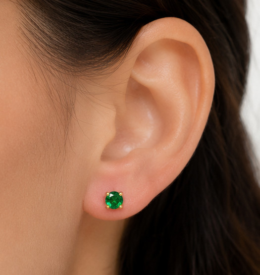 Yellow Gold Lab-Grown Green Emerald Solitaire Stud Earrings Round Cut Gemstone