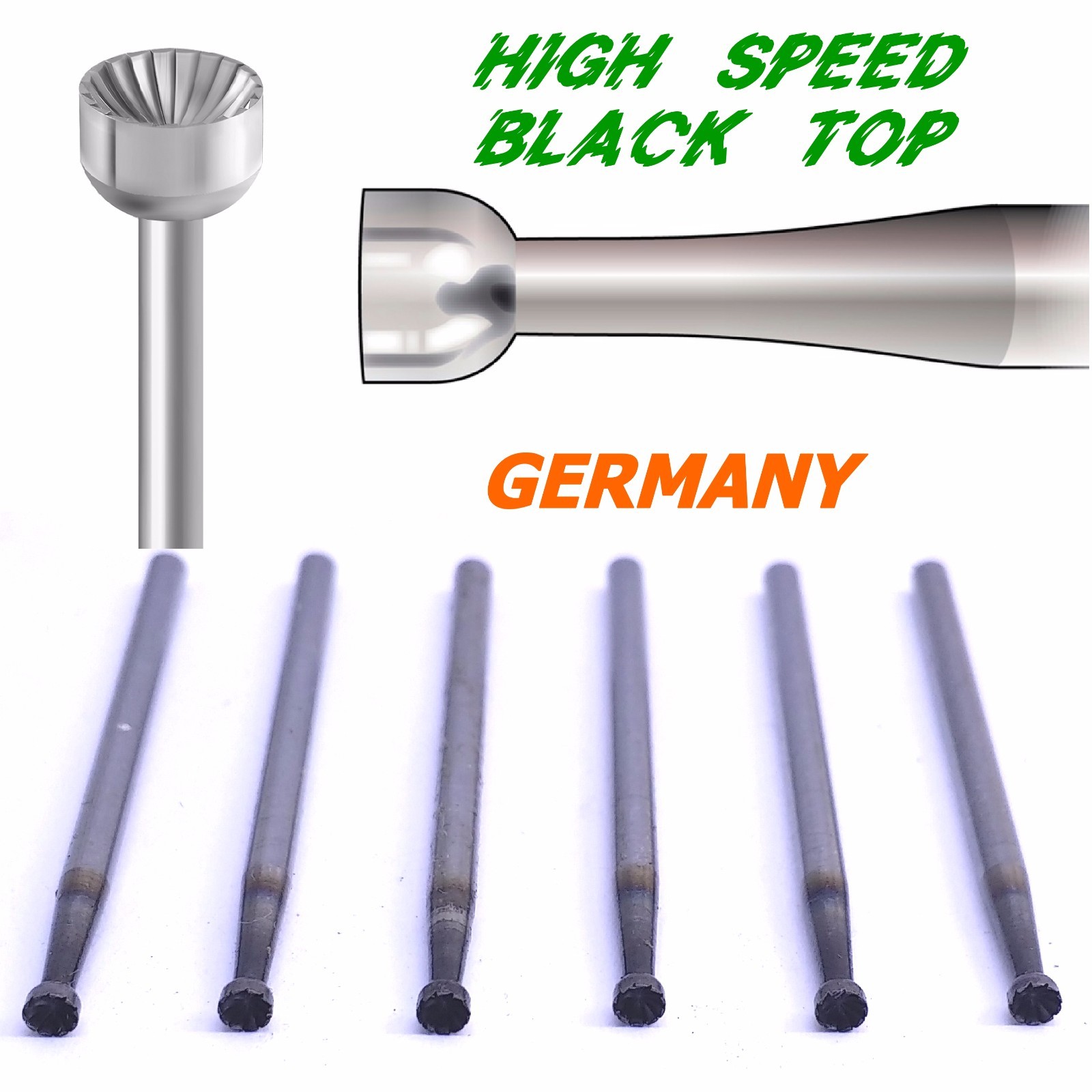 6pcs High Speed Steel Cup Burs Black Top Germany 023 / 2.3mm Diamond Setting