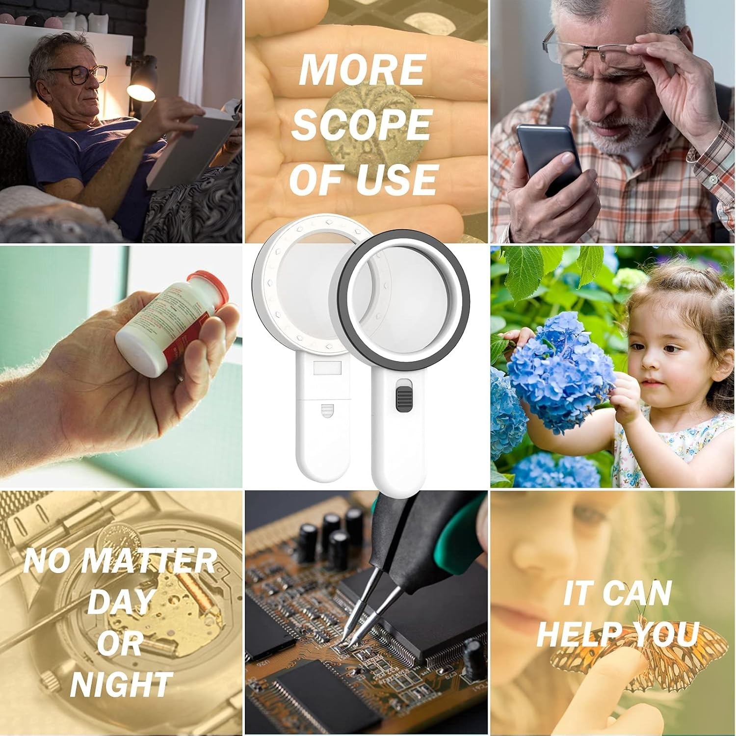 Magnifying Glass with Light, Double-Layer Glass Lens Handheld Large Magnifyin…