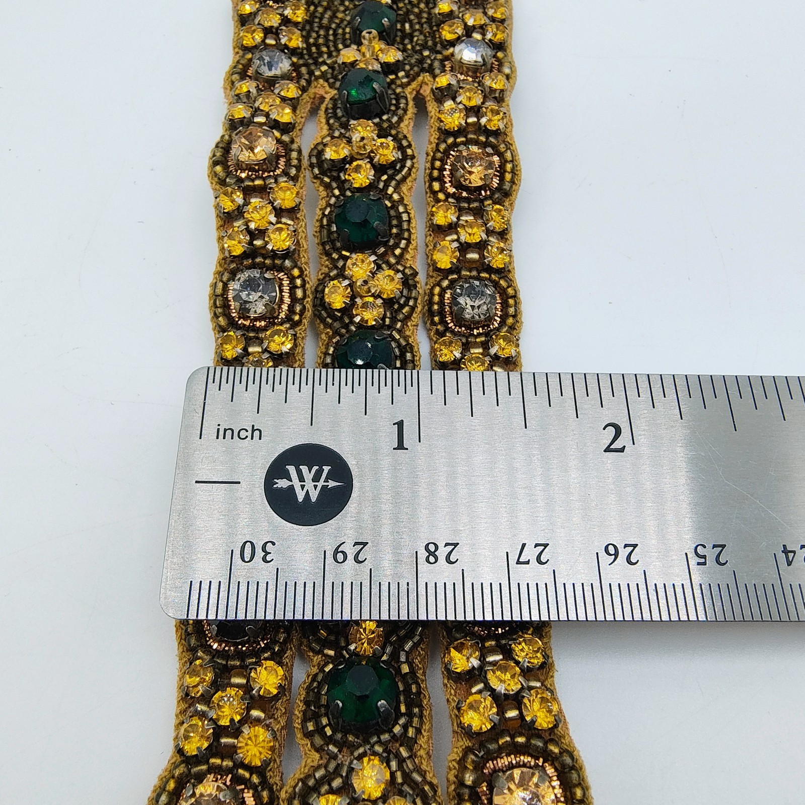 Bohemian Maximalist Cuff Bracelet Faux Leather Green Amber Color Rhinestone