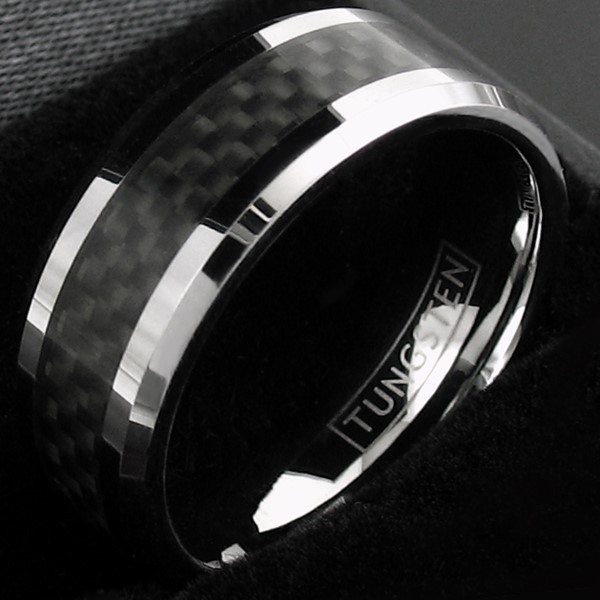 Tungsten Carbide Men’s Ring Silver with Black Carbon Fiber Stripe Wedding Band