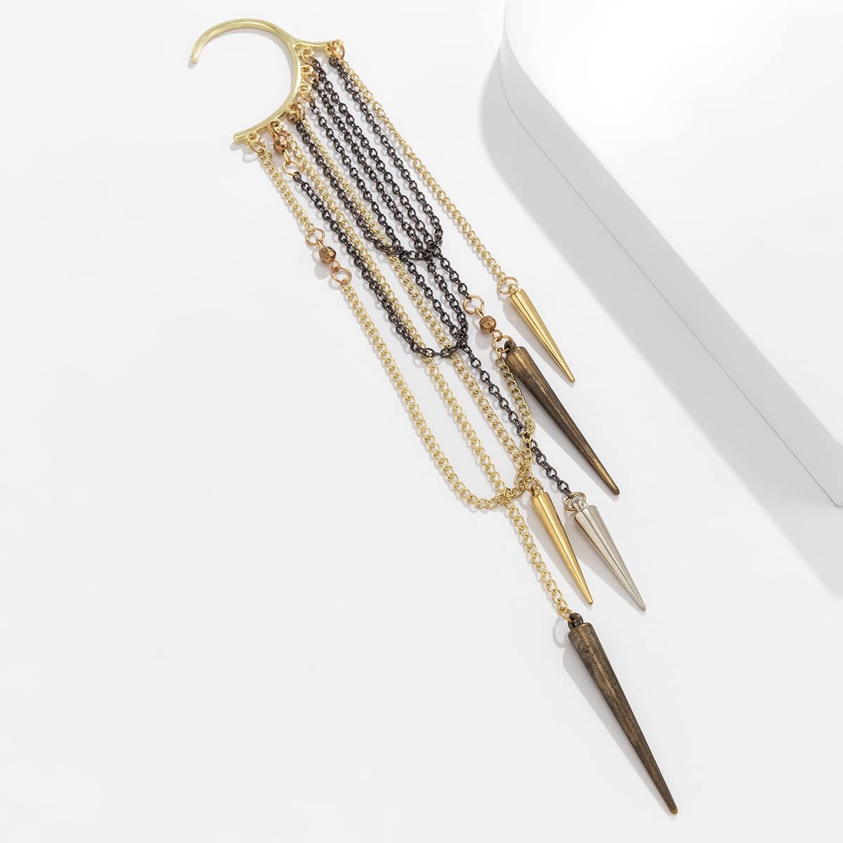 Gothic Retro Long Chain Tassel Ear Cuff Wrap 1pcs Non-Piercing Cone Bar Pendant