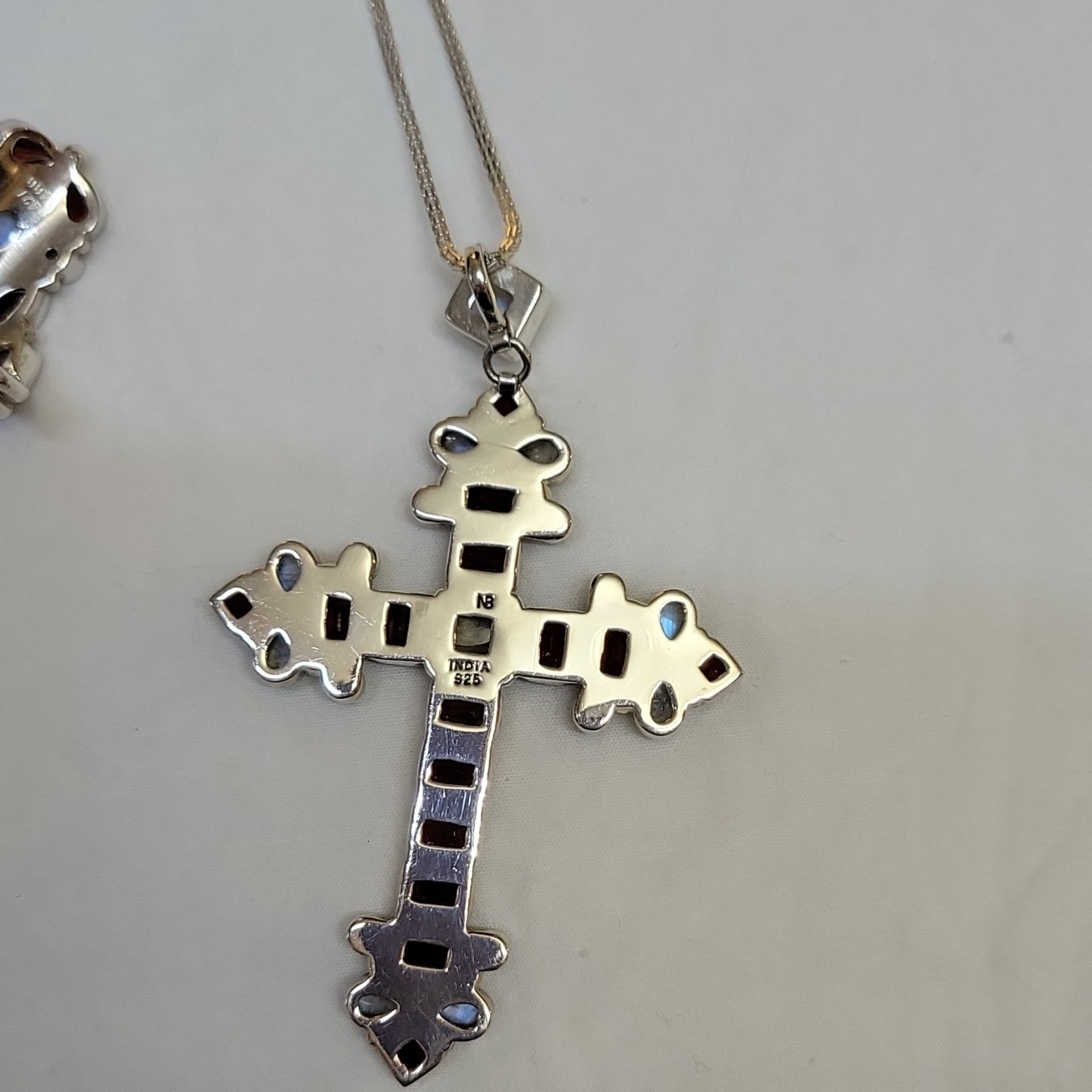 925 Sterling Silver Cross Pendant Necklace Garnet & Moonstone Box Chain Signed