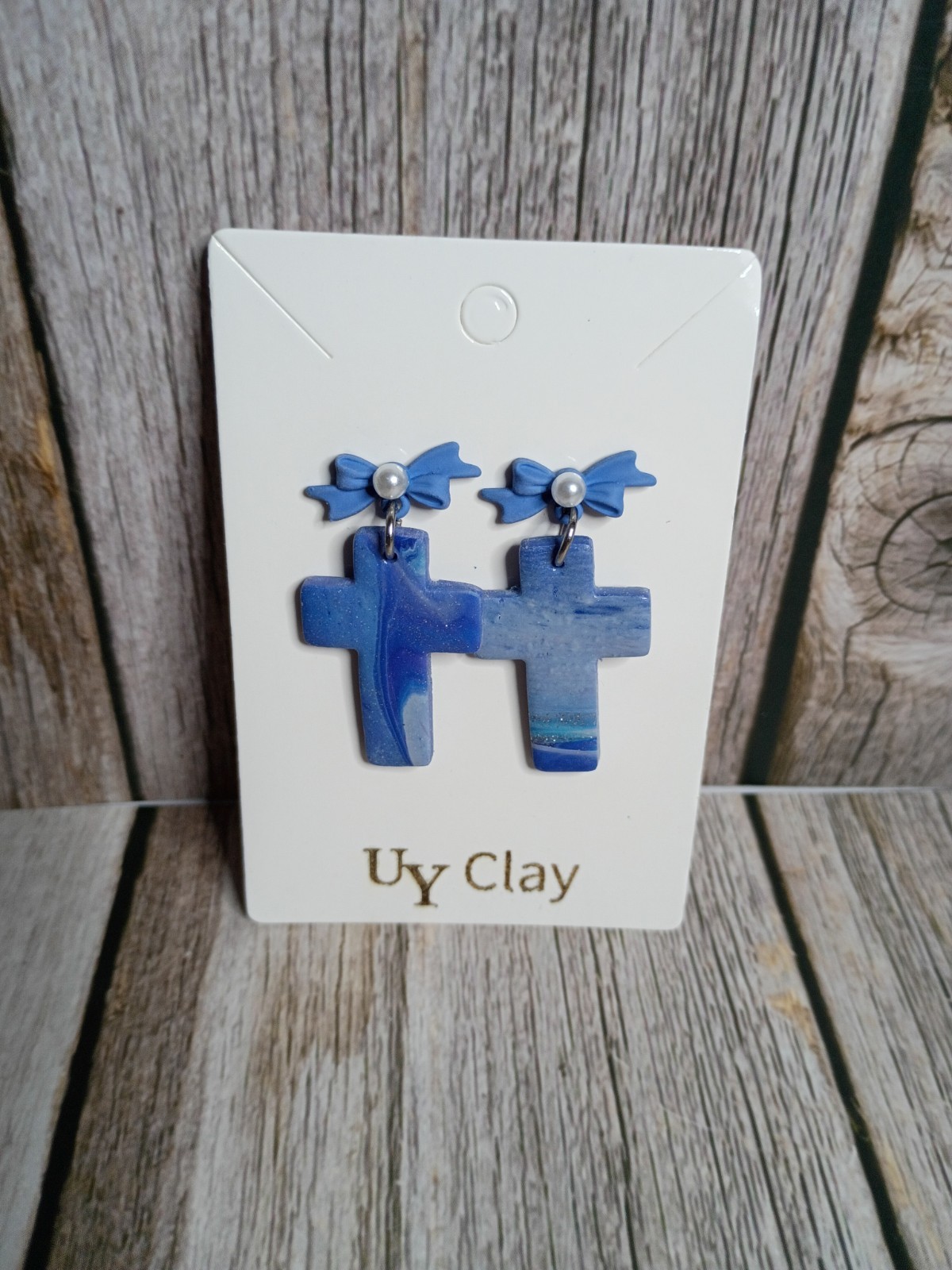 Handmade Blue Marbled Cross Ribbon Bow Polymer Clay Earrings – Hypo-allergenic