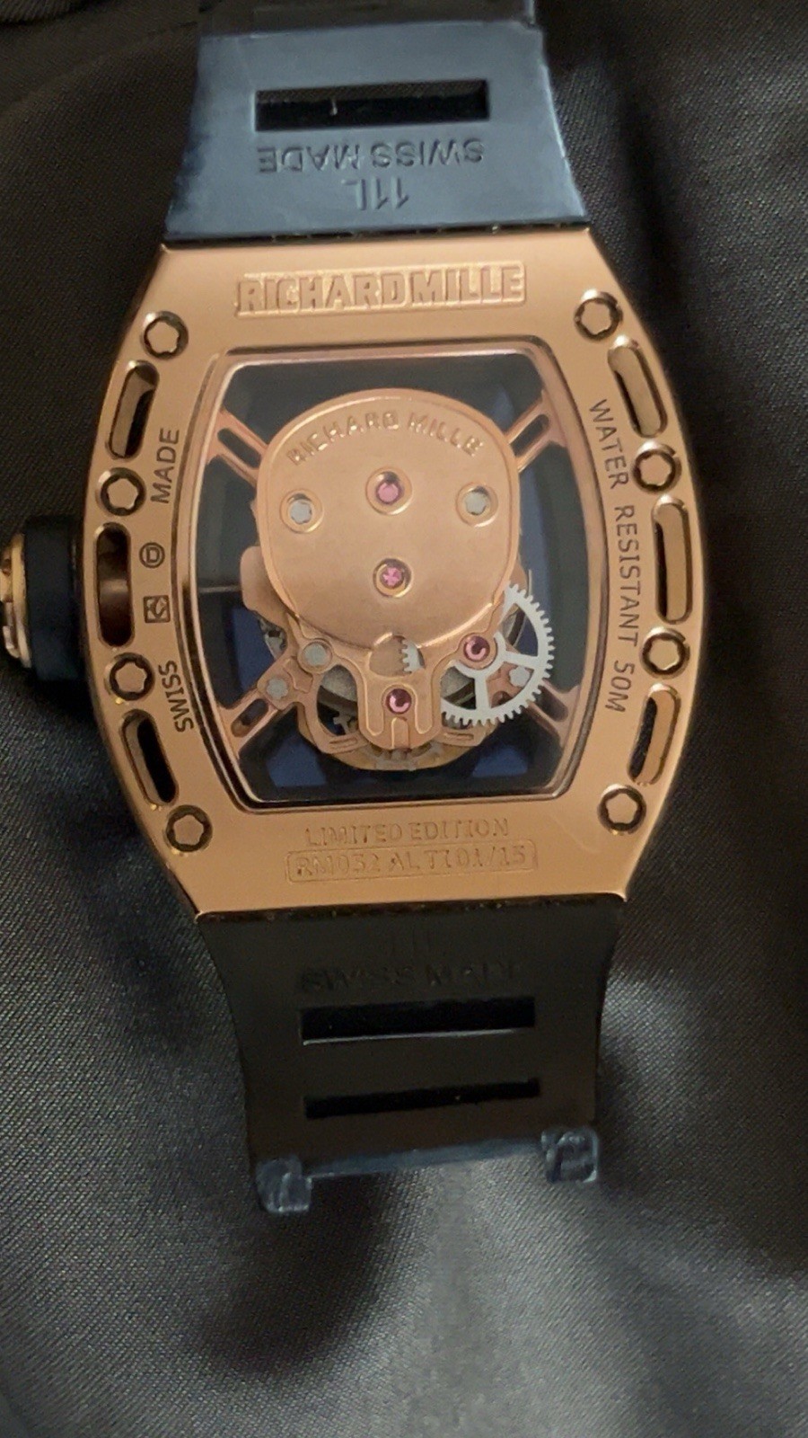 Richard Mille RM 052 Skull Skeleton Manual Mechanical Rose Gold 50m Black Strap