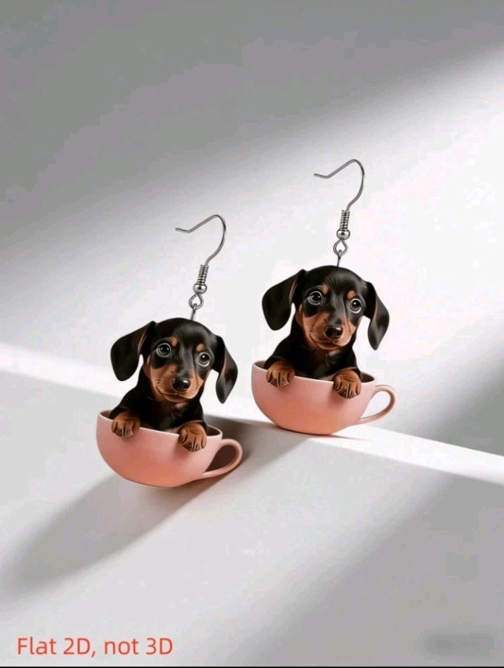 Acrylic Dachshund in Teacup Dangle Drop Earrings Hook No Stone Lightweight