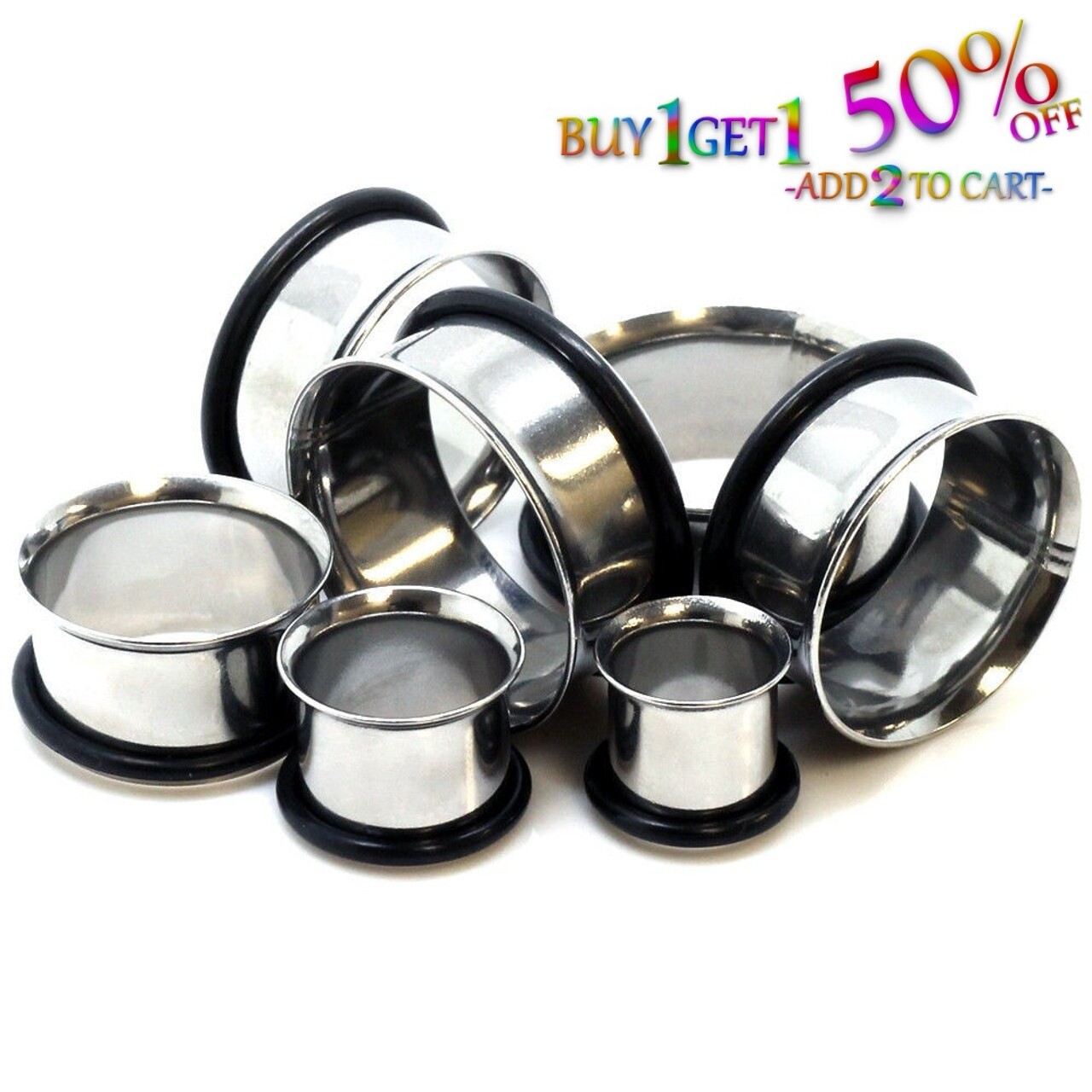 Pair 8g-50mm STAINLESS STEEL SINGLE FLARE TUNNELS Gauges Solid Body Plugs 2086
