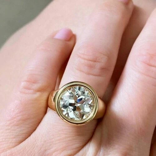 3Ct Round Cut Real Moissanite Bezel Set Engagement Ring 14K Yellow Gold Plated